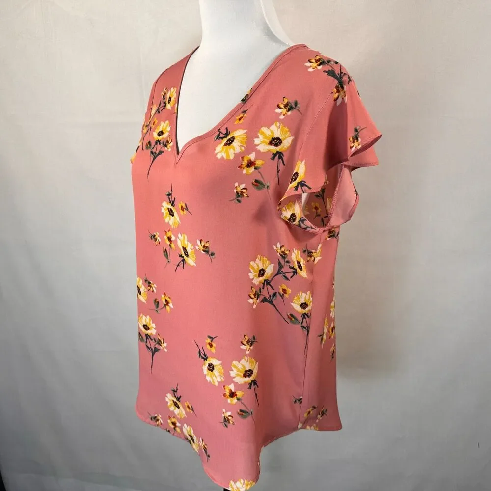 Lily White Ladies Sz M Dusty Pink Floral VNeck Cap Ruffle Sleeves - Picture 2 of 7